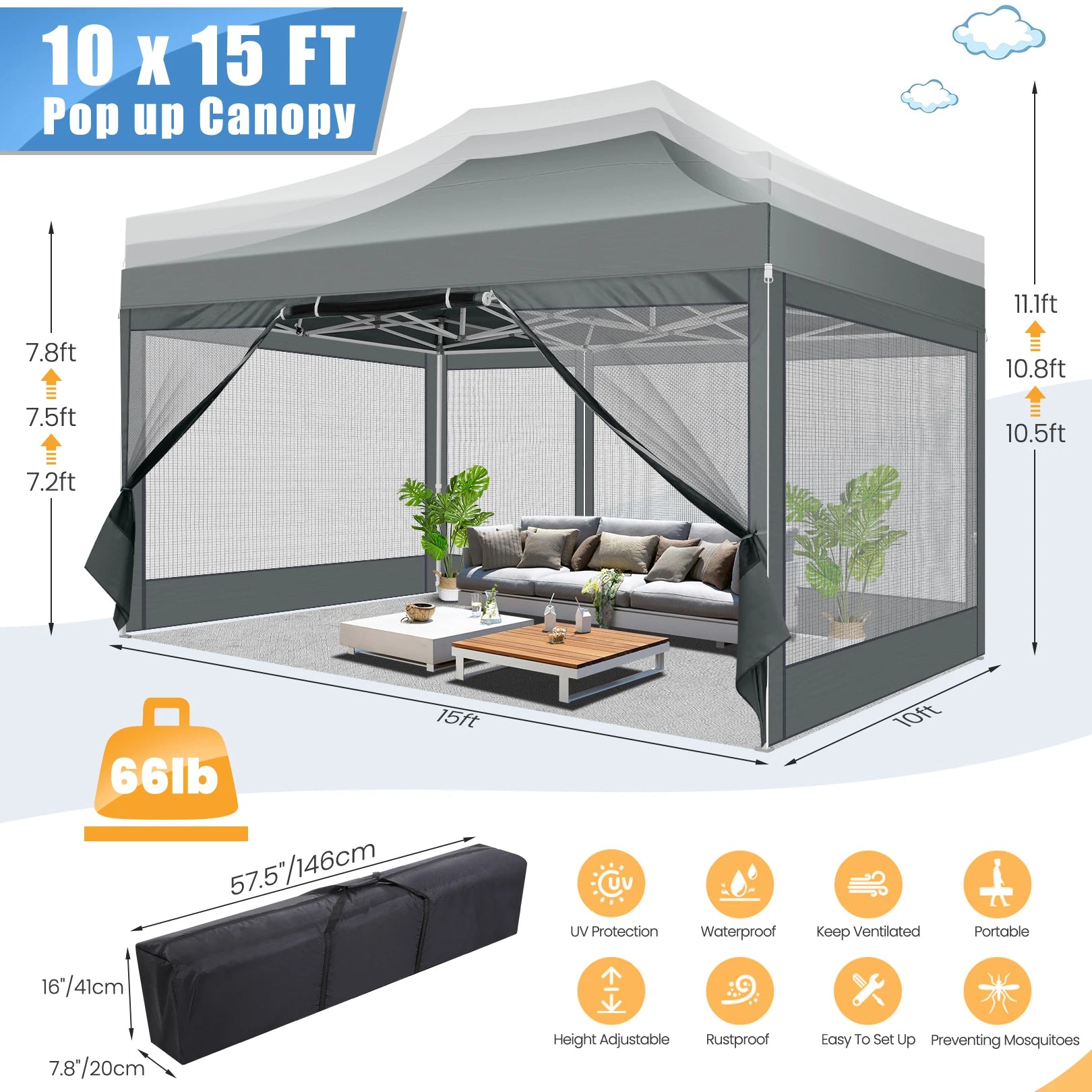 10x15 FT Heavy Duty Pop Up Canopy  with Mosquito Netting Walls