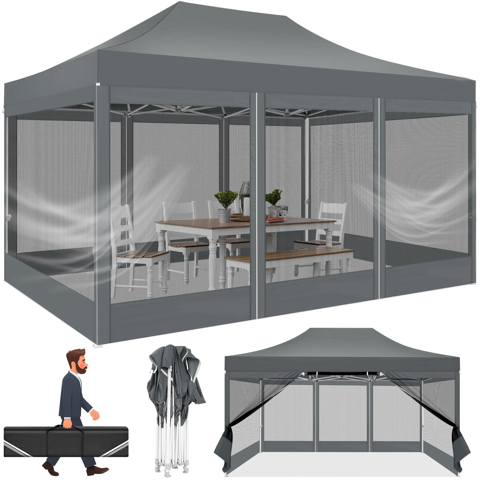 10x15 FT Heavy Duty Pop Up Canopy  with Mosquito Netting Walls