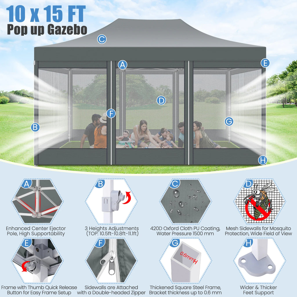 10x15 FT Heavy Duty Pop Up Canopy  with Mosquito Netting Walls