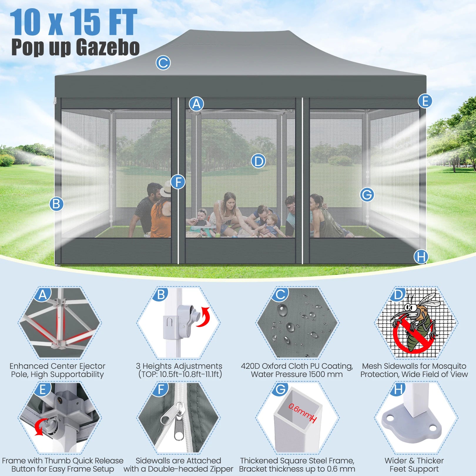 10x15 FT Heavy Duty Pop Up Canopy  with Mosquito Netting Walls
