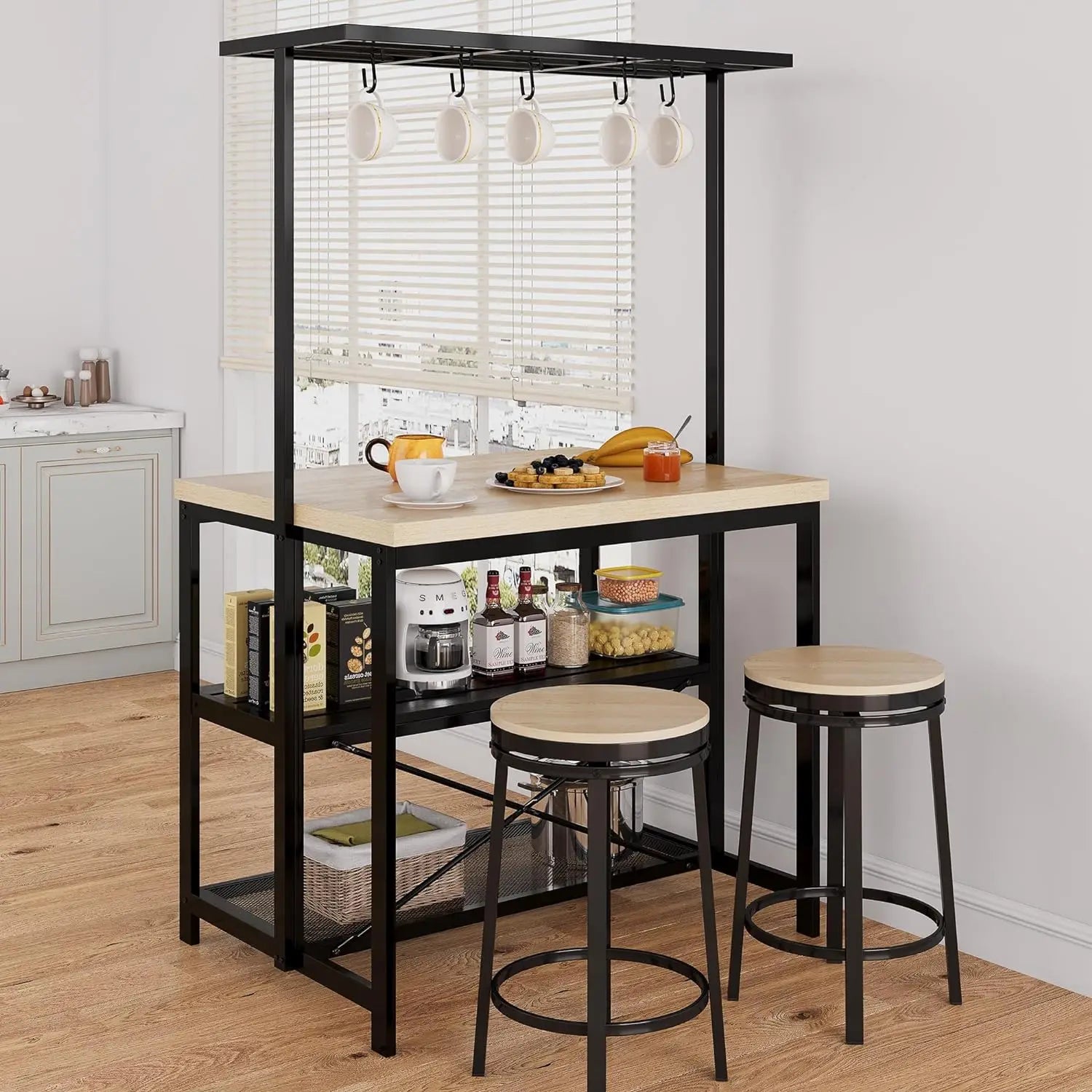 Kitchen Island with Storage, Bakers Rack with Power Outlet,