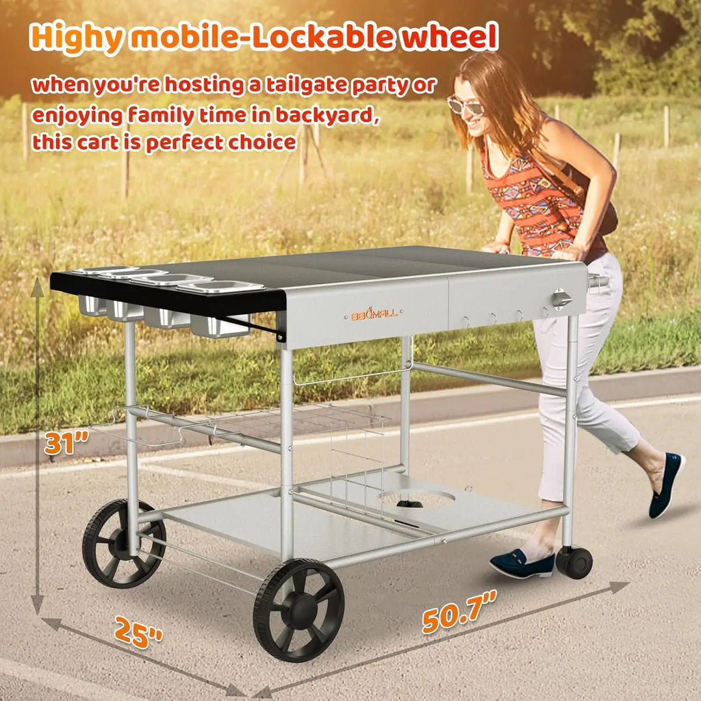 Portable Outdoor Pizza Oven Table with Prep Station, Storage Rack, and Locking Wheels
