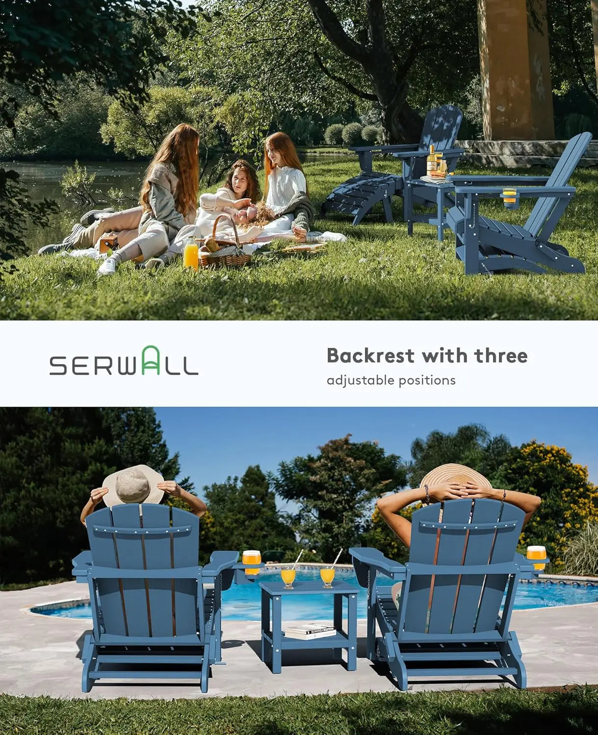 5-Piece HDPE Adirondack Chair Set w/ Adjustable Backrest Ottoman Side Table Weather Resistant Patio Garden Navy Customized