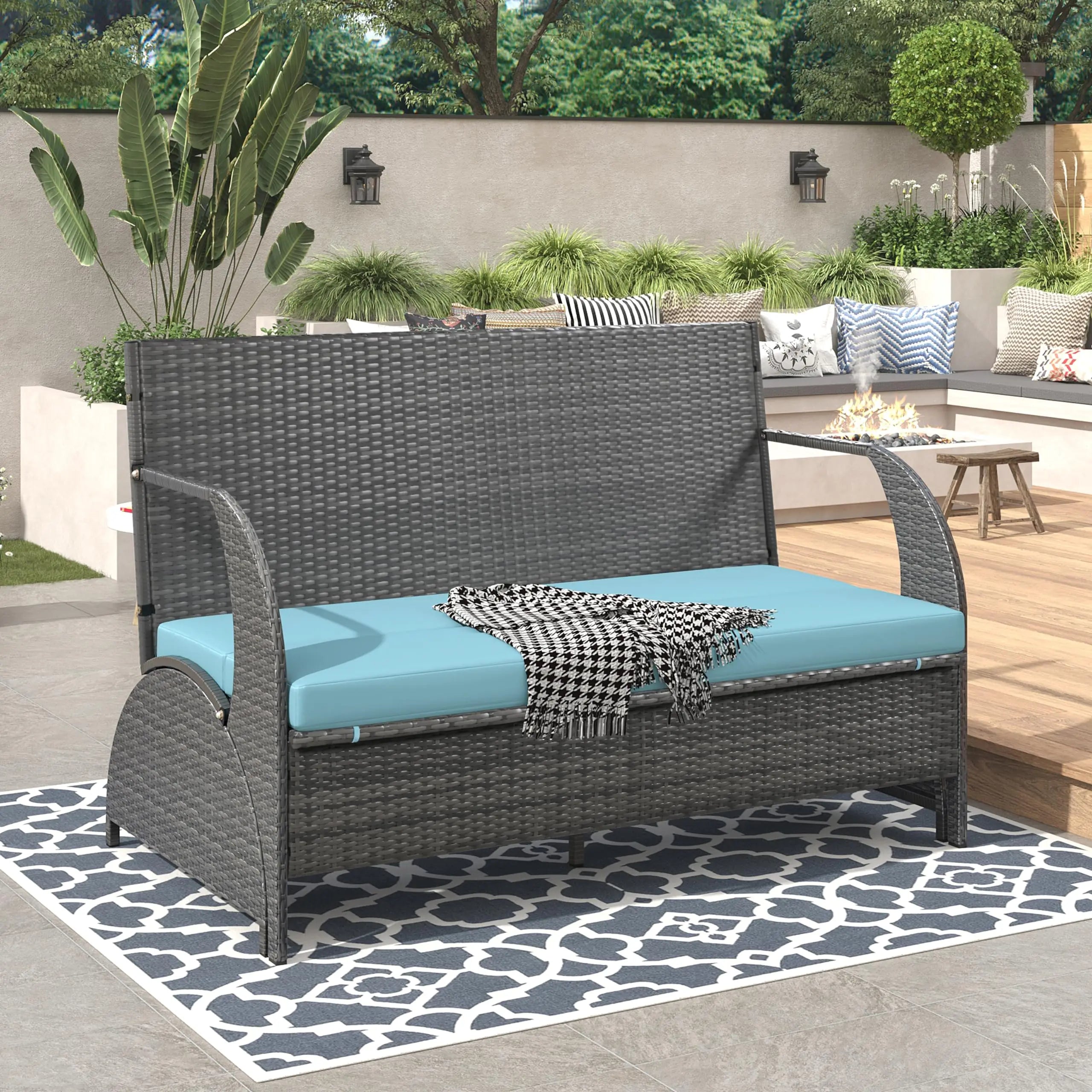 Outdoor Rattan Loveseat Convertible Picnic  Table