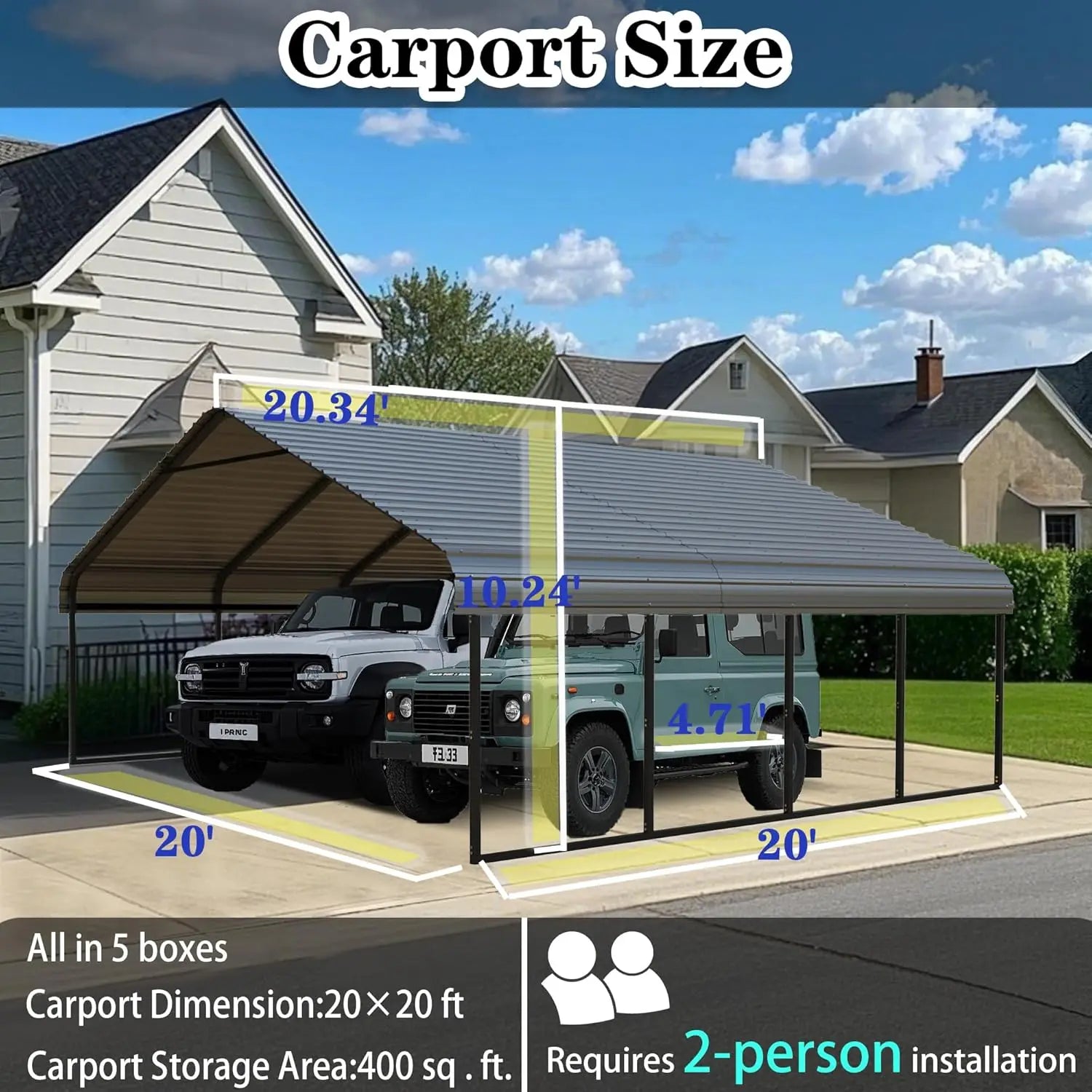 Heavy Duty Galvanized Steel Carport 20x20 FT