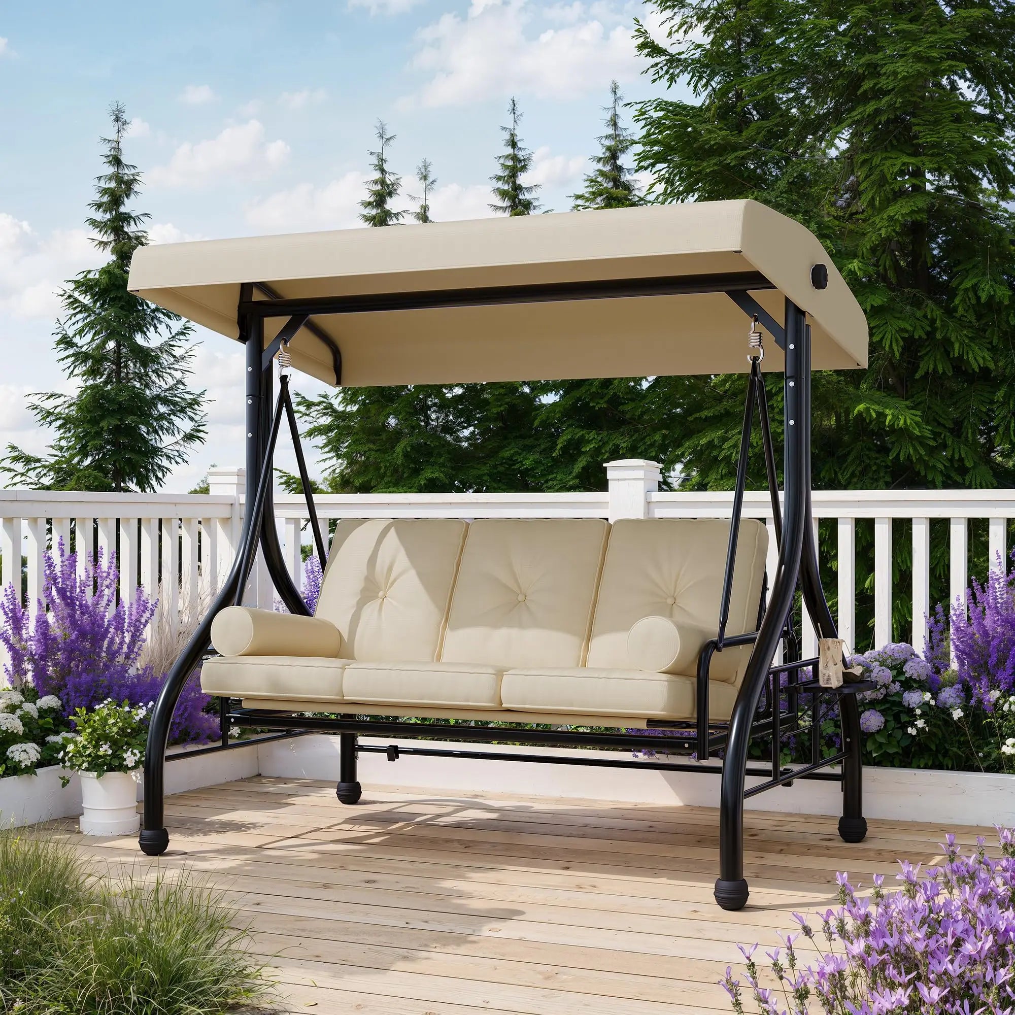 3-Seat Outdoor Porch Swing With Adjustable Canopy