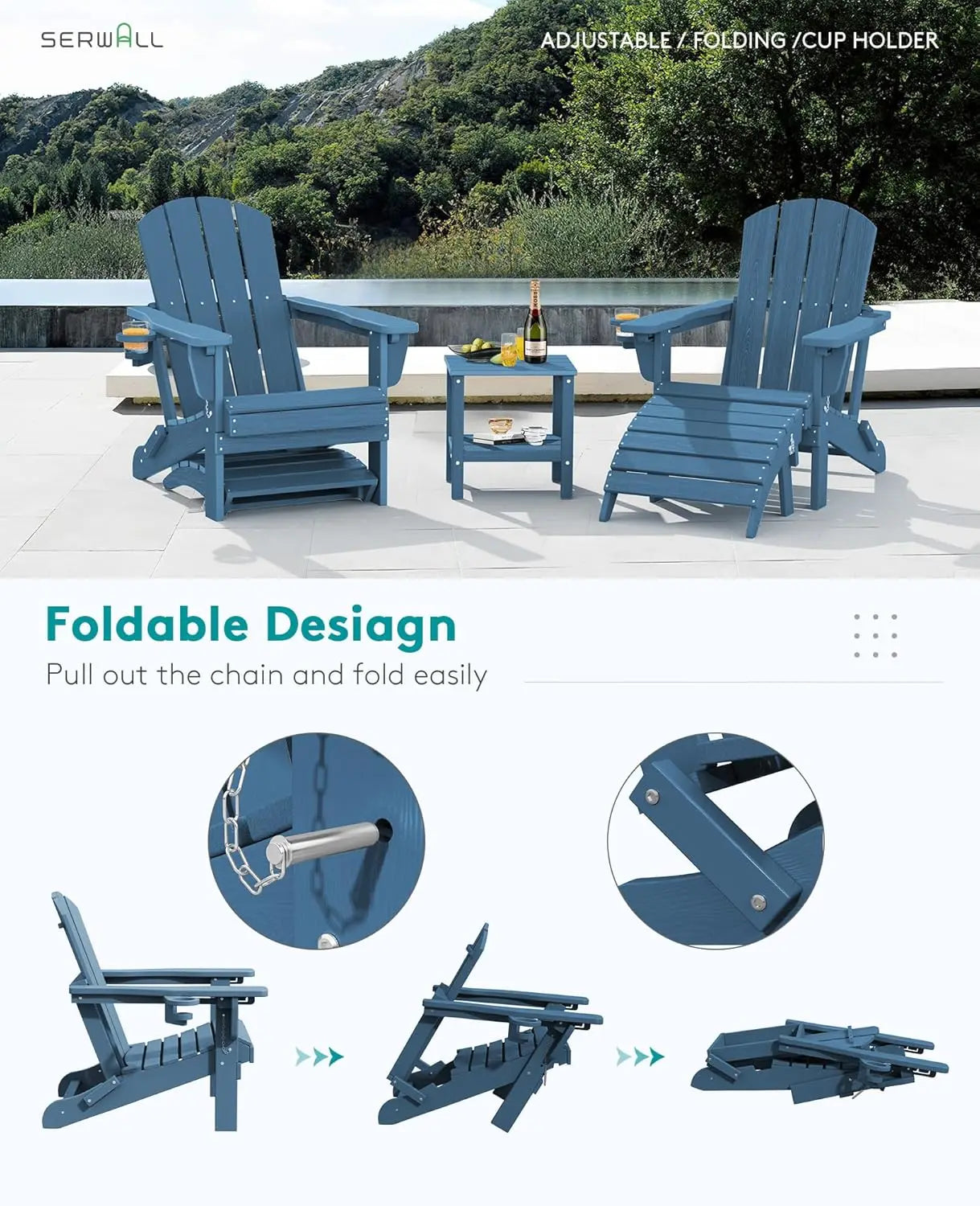 5-Piece HDPE Adirondack Chair Set w/ Adjustable Backrest Ottoman Side Table Weather Resistant Patio Garden Navy Customized