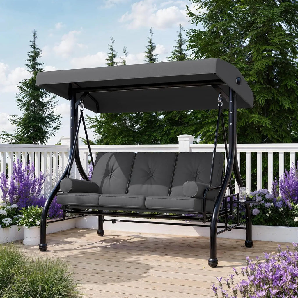 3-Seat Outdoor Porch Swing With Adjustable Canopy