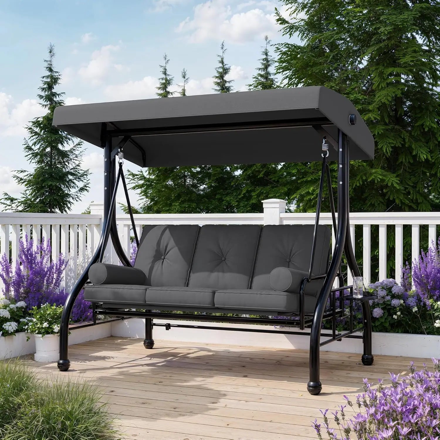 3-Seat Outdoor Porch Swing With Adjustable Canopy