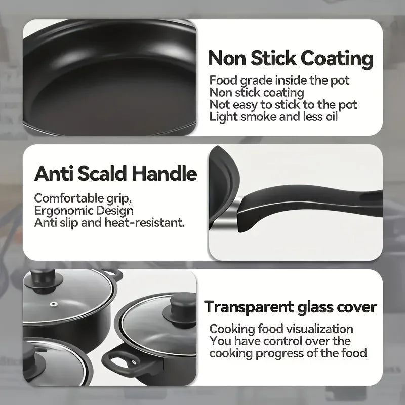 13-Piece Nonstick Cookware Set Black - Induction Compatible Pot Pan Set with Frying Pan & Utensils for Kitchen & Camping