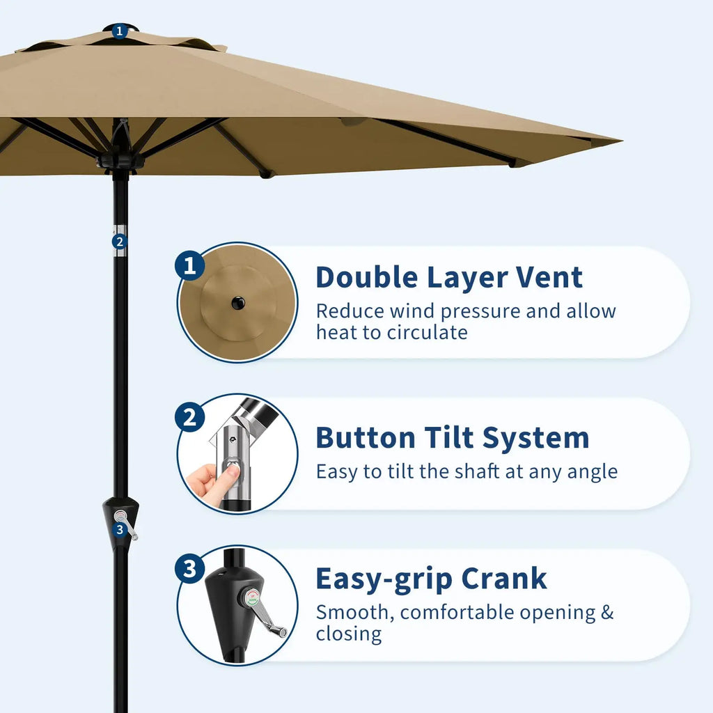 9FT Patio Umbrella With Crank & Tilt, Outdoor  UV Protection Waterproof