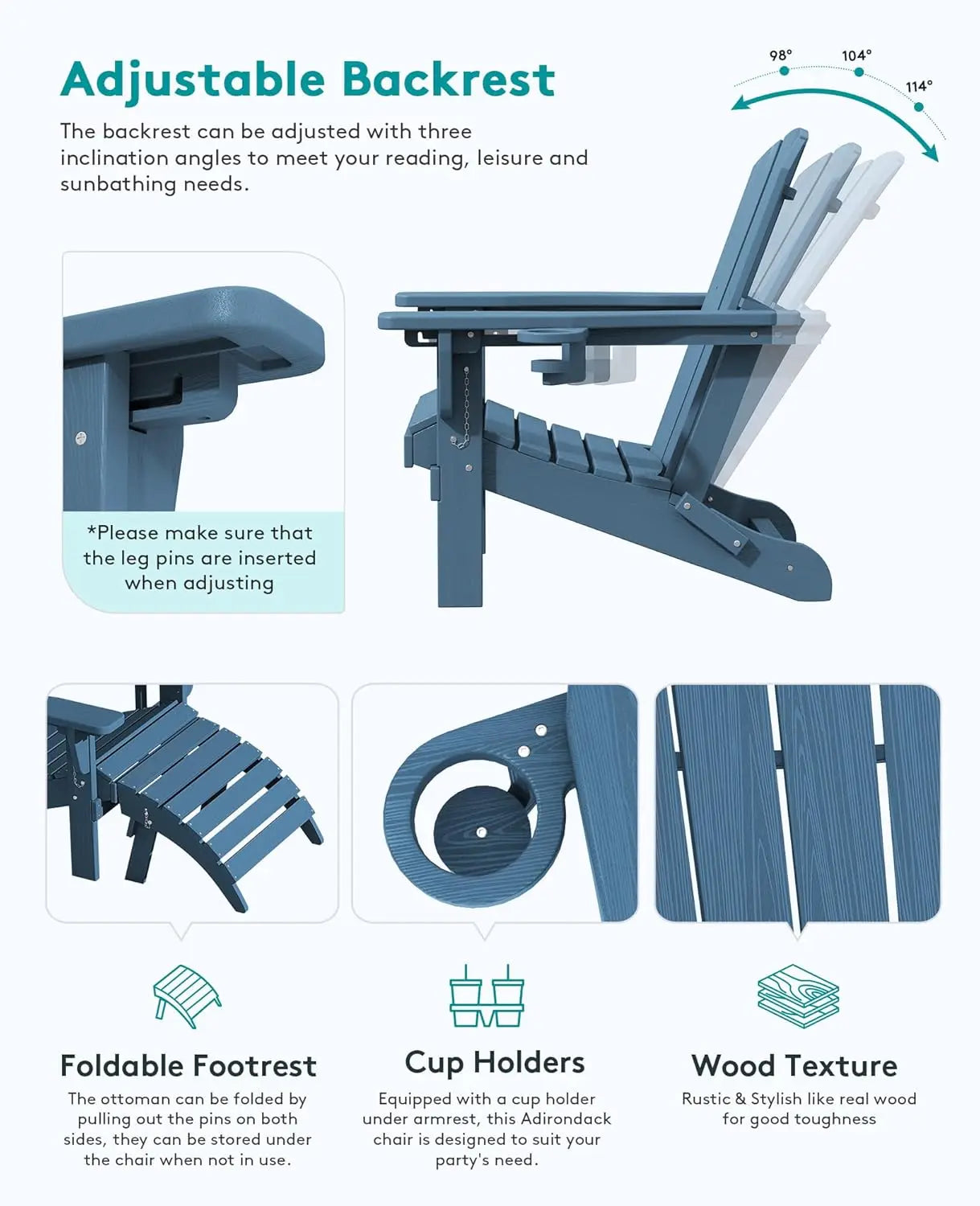 5-Piece HDPE Adirondack Chair Set w/ Adjustable Backrest Ottoman Side Table Weather Resistant Patio Garden Navy Customized