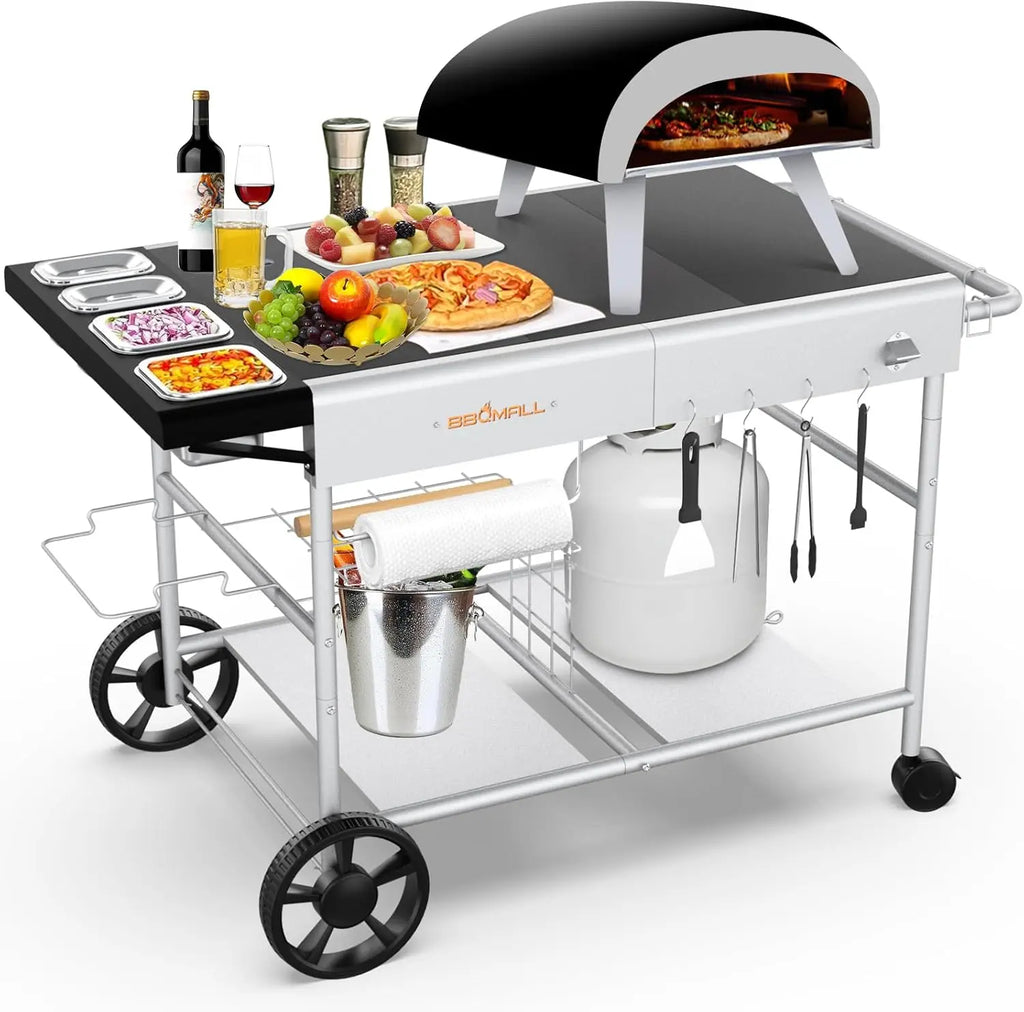 Portable Outdoor Pizza Oven Table with Prep Station, Storage Rack, and Locking Wheels