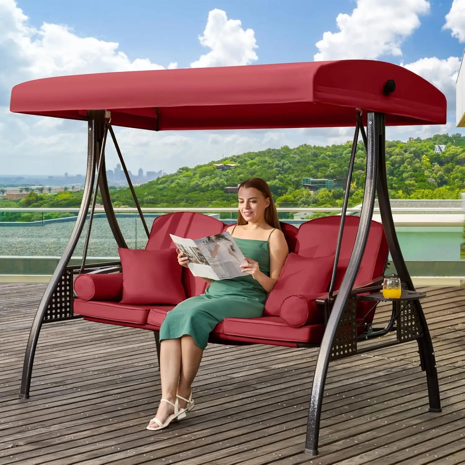 Outdoor Porch Swing with Adjustable Canopy,