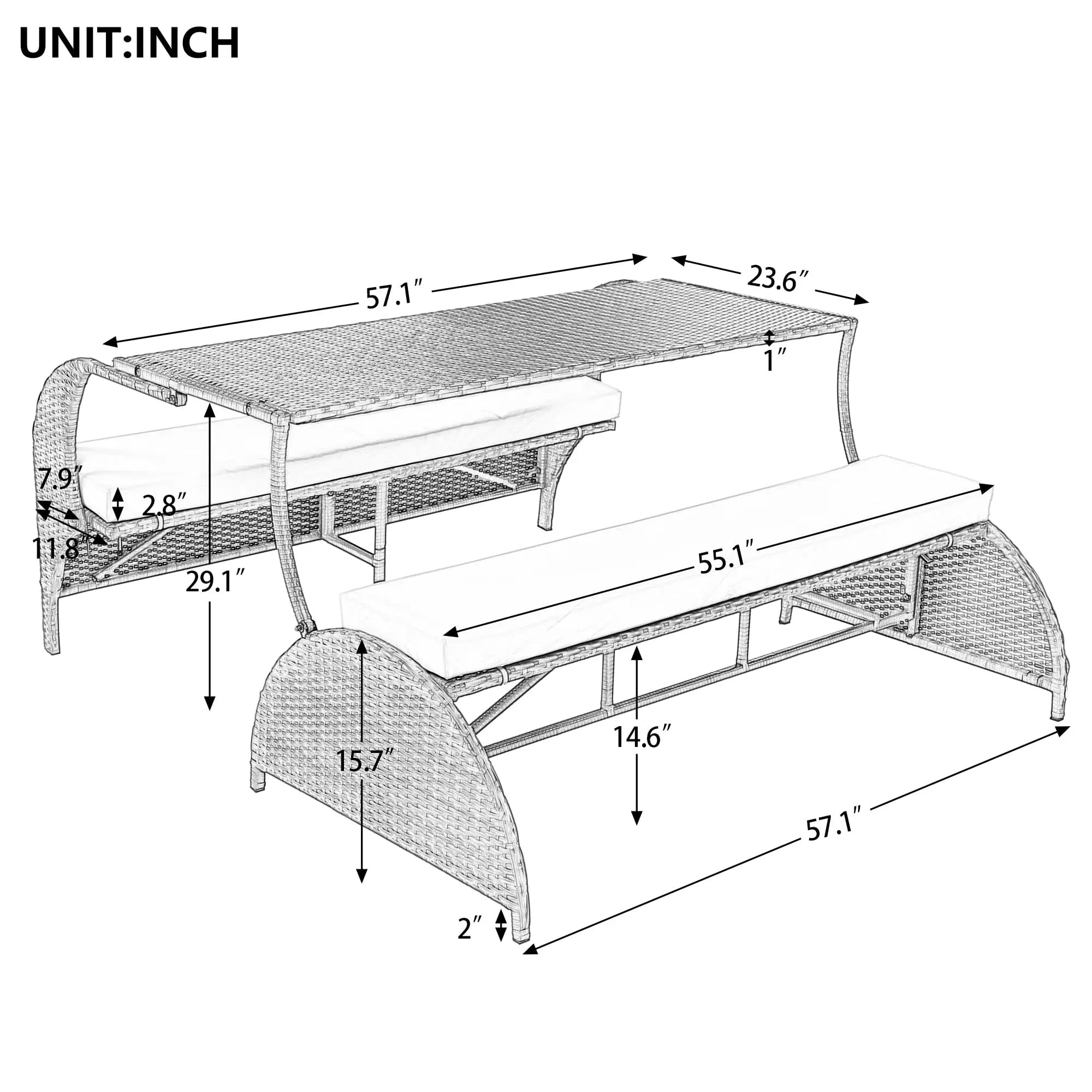 Outdoor Rattan Loveseat Convertible Picnic  Table