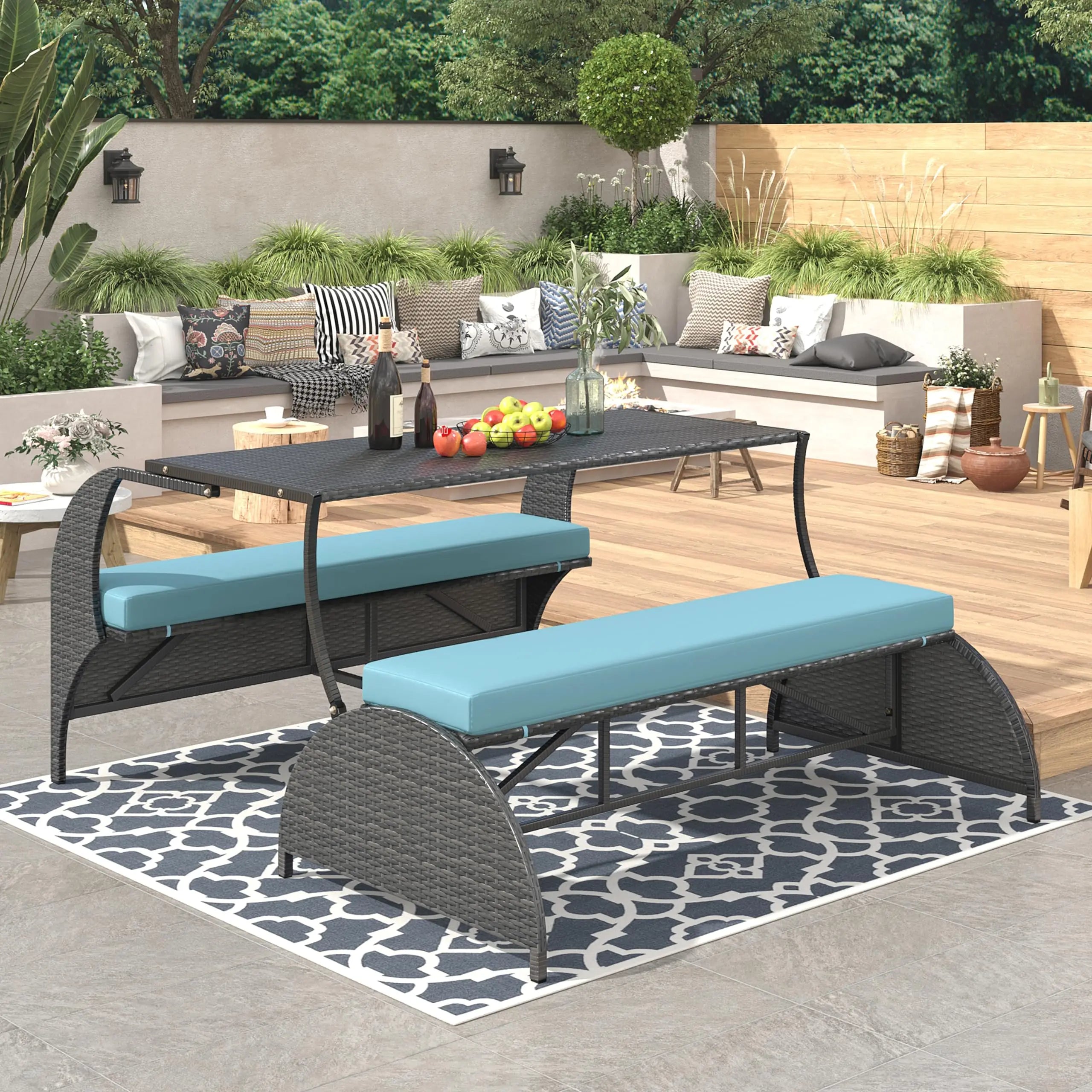Outdoor Rattan Loveseat Convertible Picnic  Table