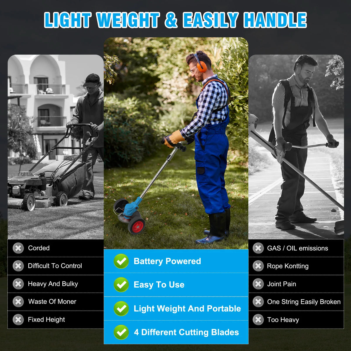 21V Cordless Lawn Mower 3-in-1 Electric Grass Trimmer Lightweight with 2x2.0Ah Batteries Edger Brush Cutter for Yard Garden Tool