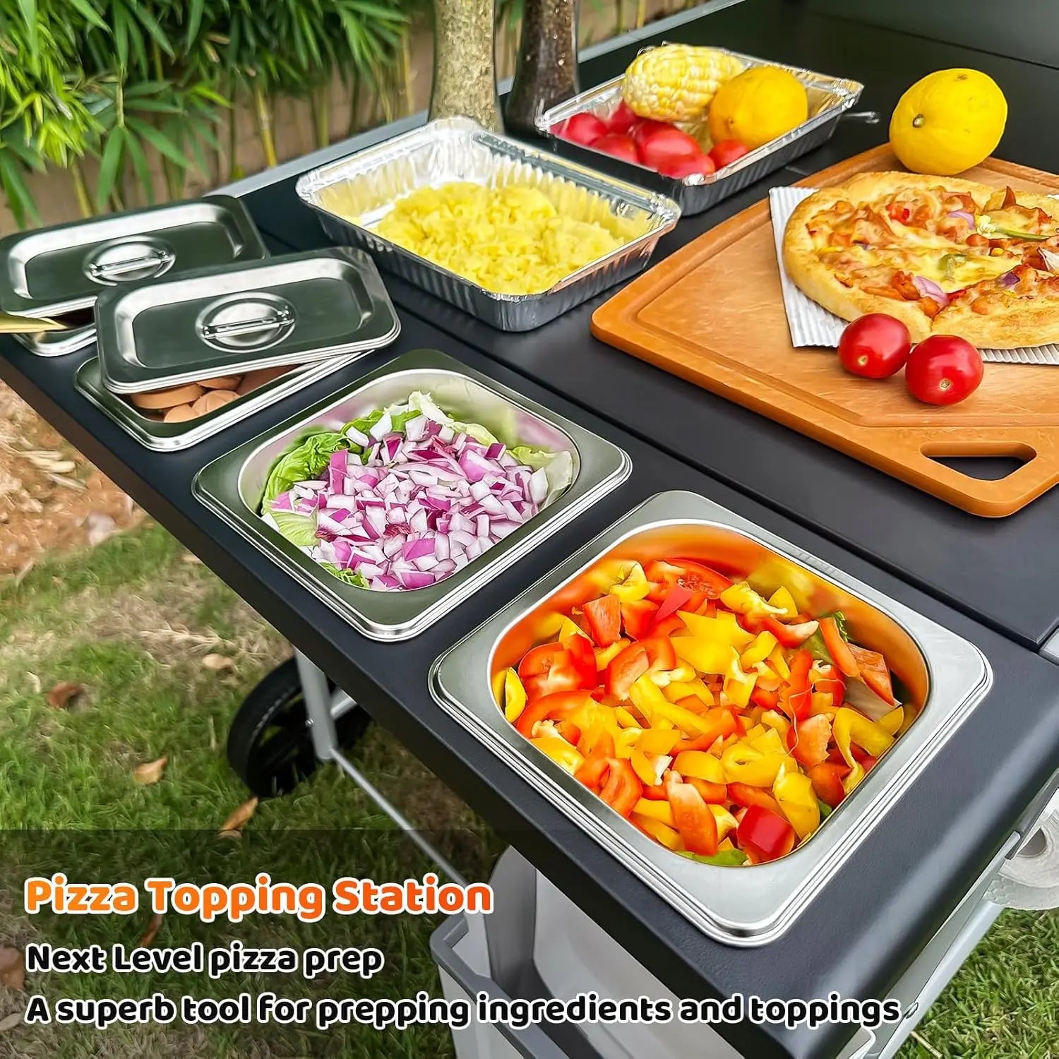 Portable Outdoor Pizza Oven Table with Prep Station, Storage Rack, and Locking Wheels