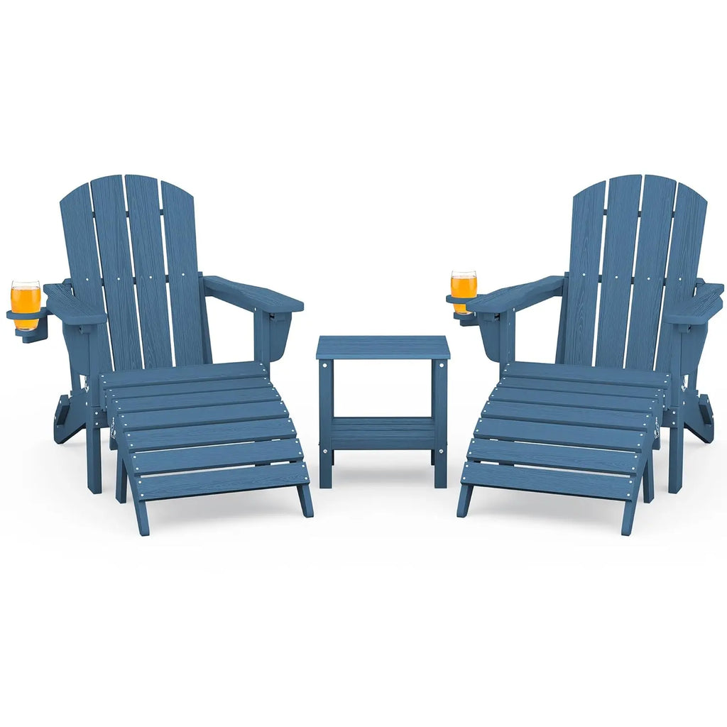 5-Piece HDPE Adirondack Chair Set w/ Adjustable Backrest Ottoman Side Table Weather Resistant Patio Garden Navy Customized