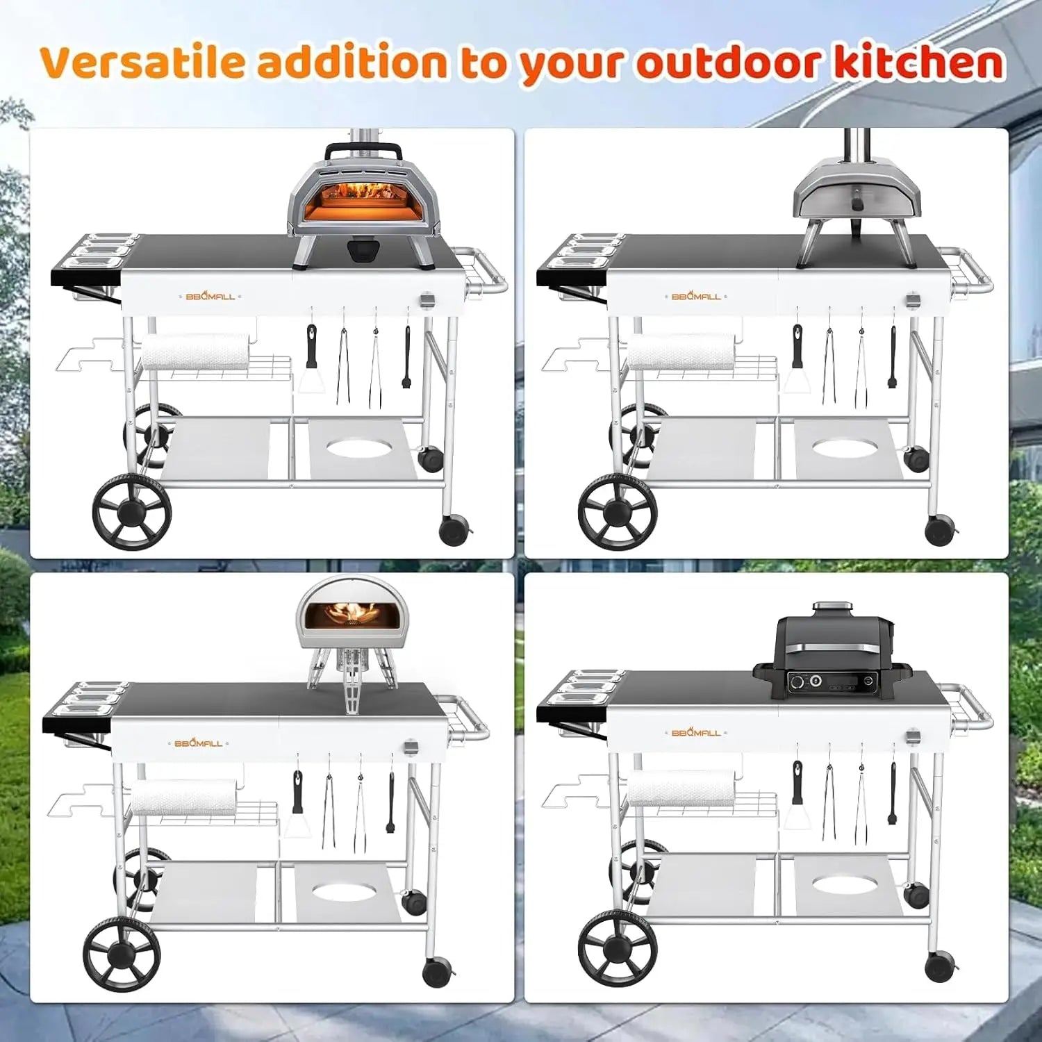 Portable Outdoor Pizza Oven Table with Prep Station, Storage Rack, and Locking Wheels