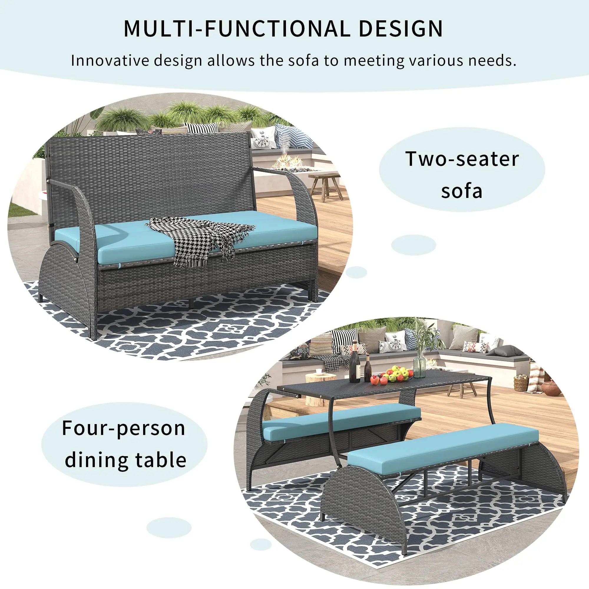 Outdoor Rattan Loveseat Convertible Picnic  Table