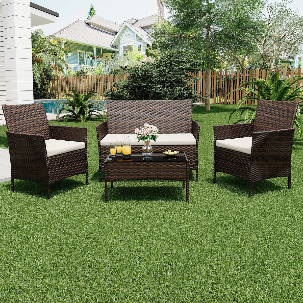 4 Piece Rattan Patio Furniture Set