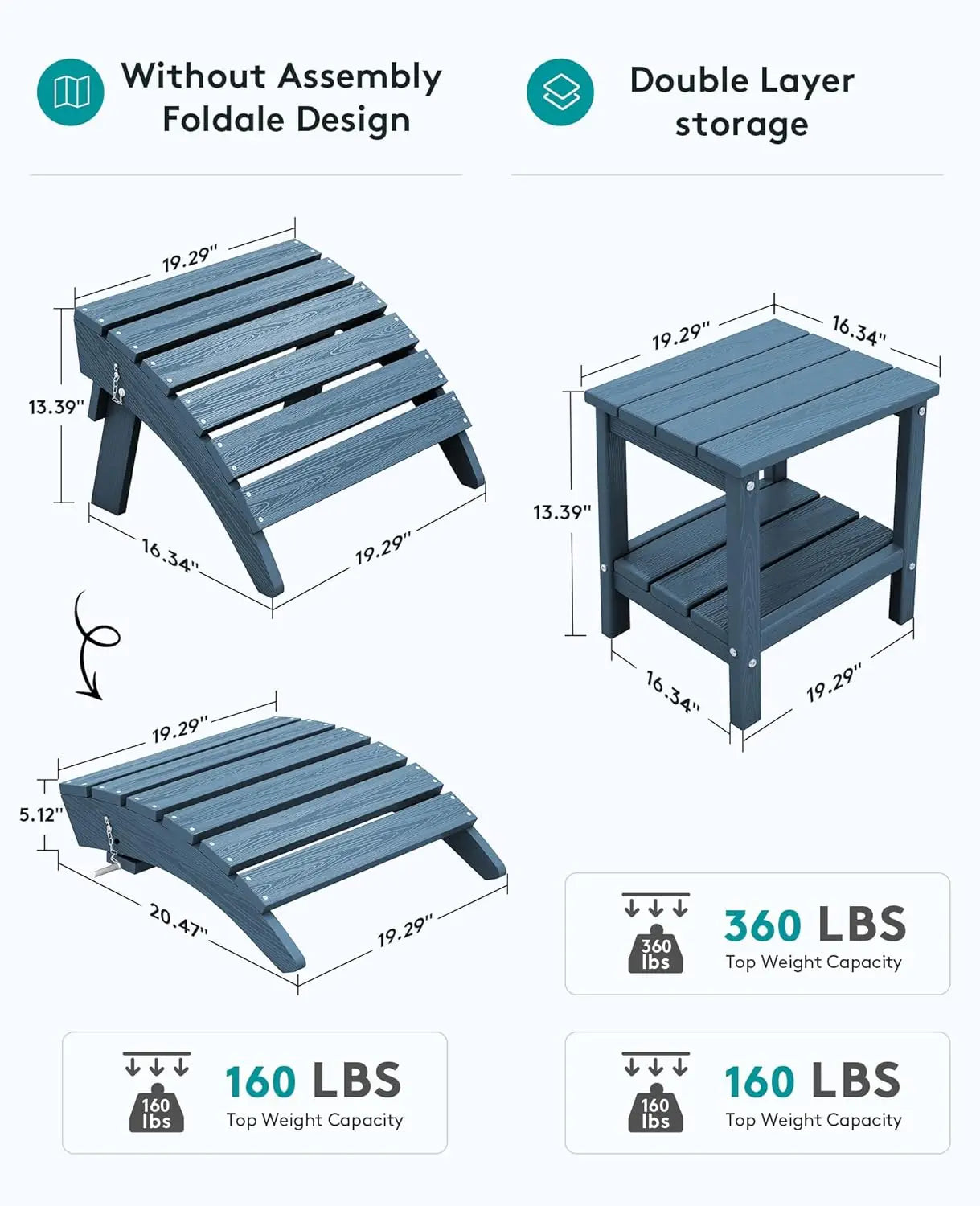 5-Piece HDPE Adirondack Chair Set w/ Adjustable Backrest Ottoman Side Table Weather Resistant Patio Garden Navy Customized