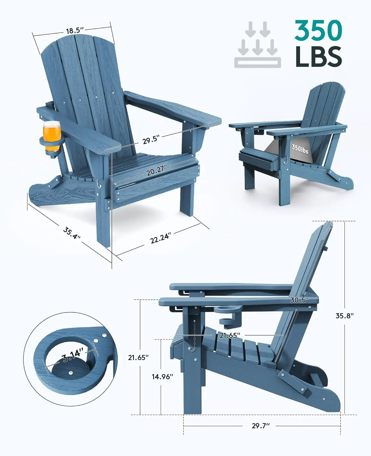5-Piece HDPE Adirondack Chair Set w/ Adjustable Backrest Ottoman Side Table Weather Resistant Patio Garden Navy Customized