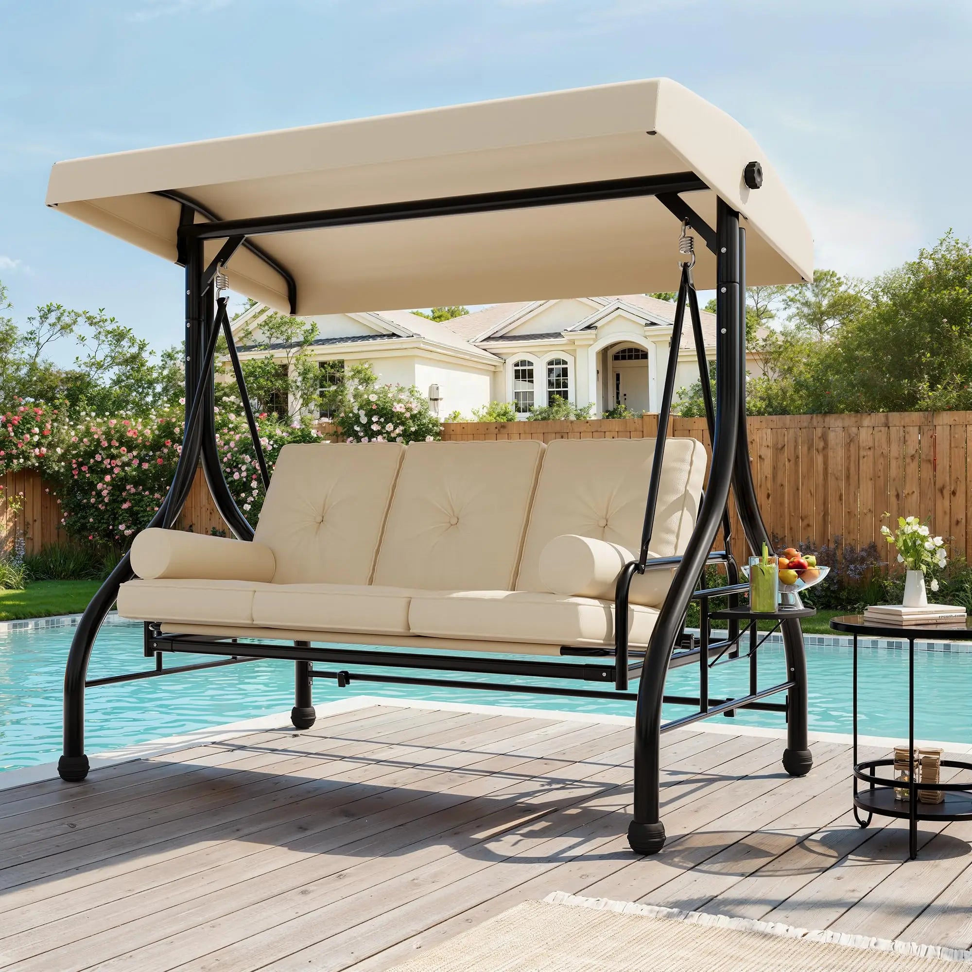 3-Seat Outdoor Porch Swing With Adjustable Canopy