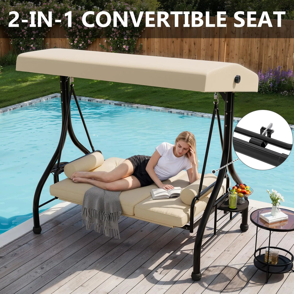 3-Seat Outdoor Porch Swing With Adjustable Canopy