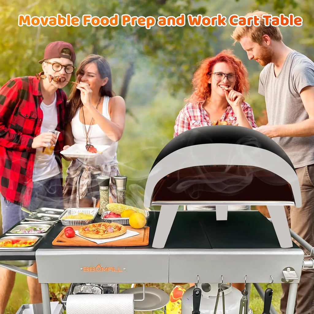 Portable Outdoor Pizza Oven Table with Prep Station, Storage Rack, and Locking Wheels