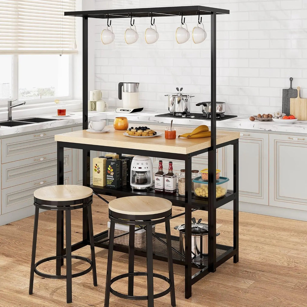 Kitchen Island with Storage, Bakers Rack with Power Outlet,