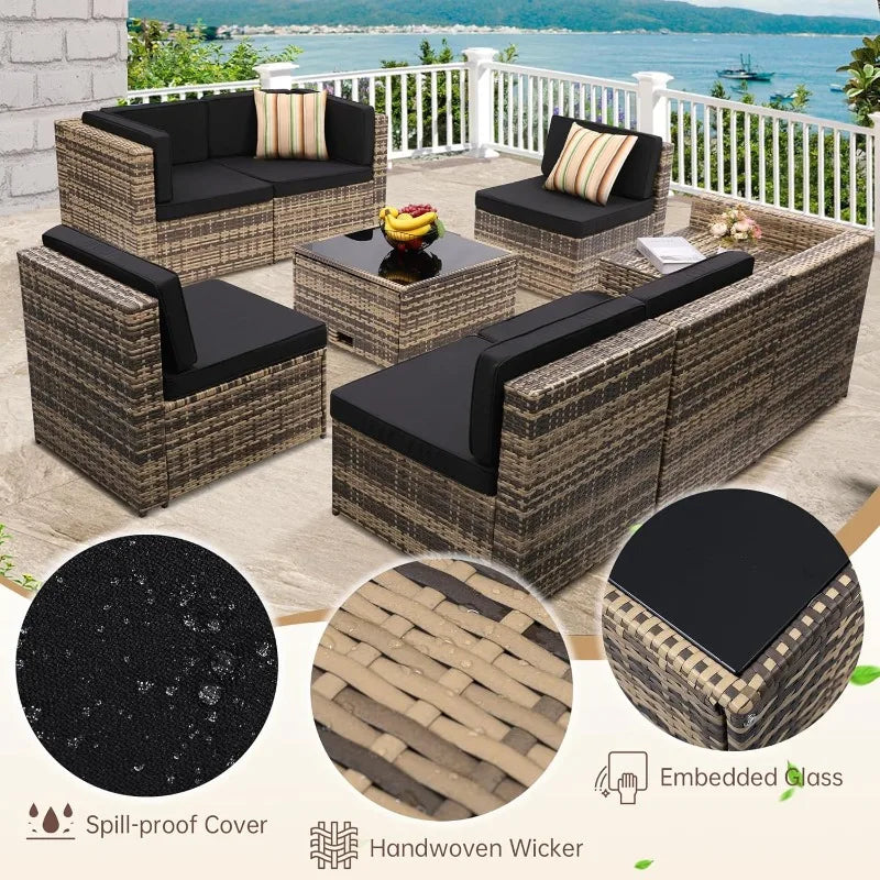 8 Piece Outdoor Wicker Patio Furniture Sectional Set