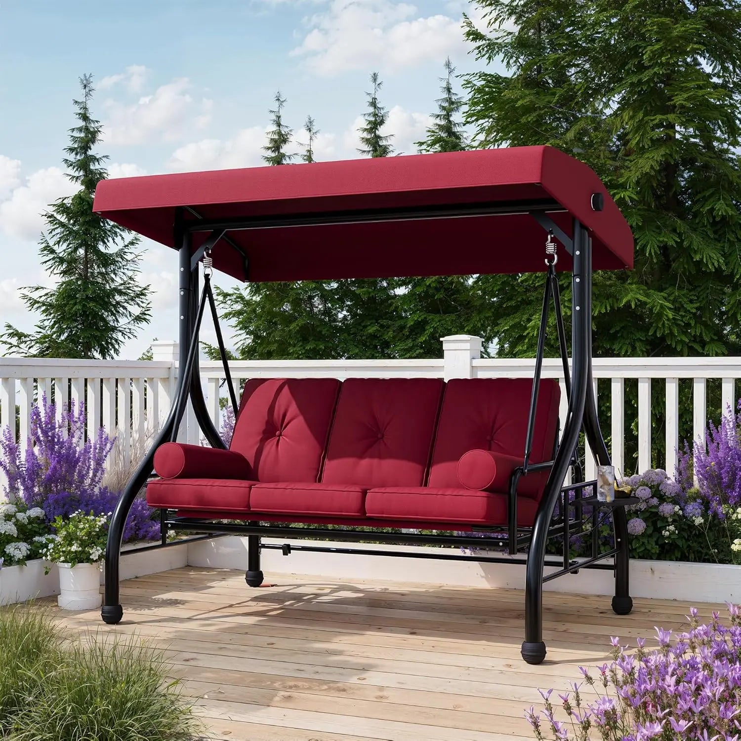 3-Seat Outdoor Porch Swing With Adjustable Canopy