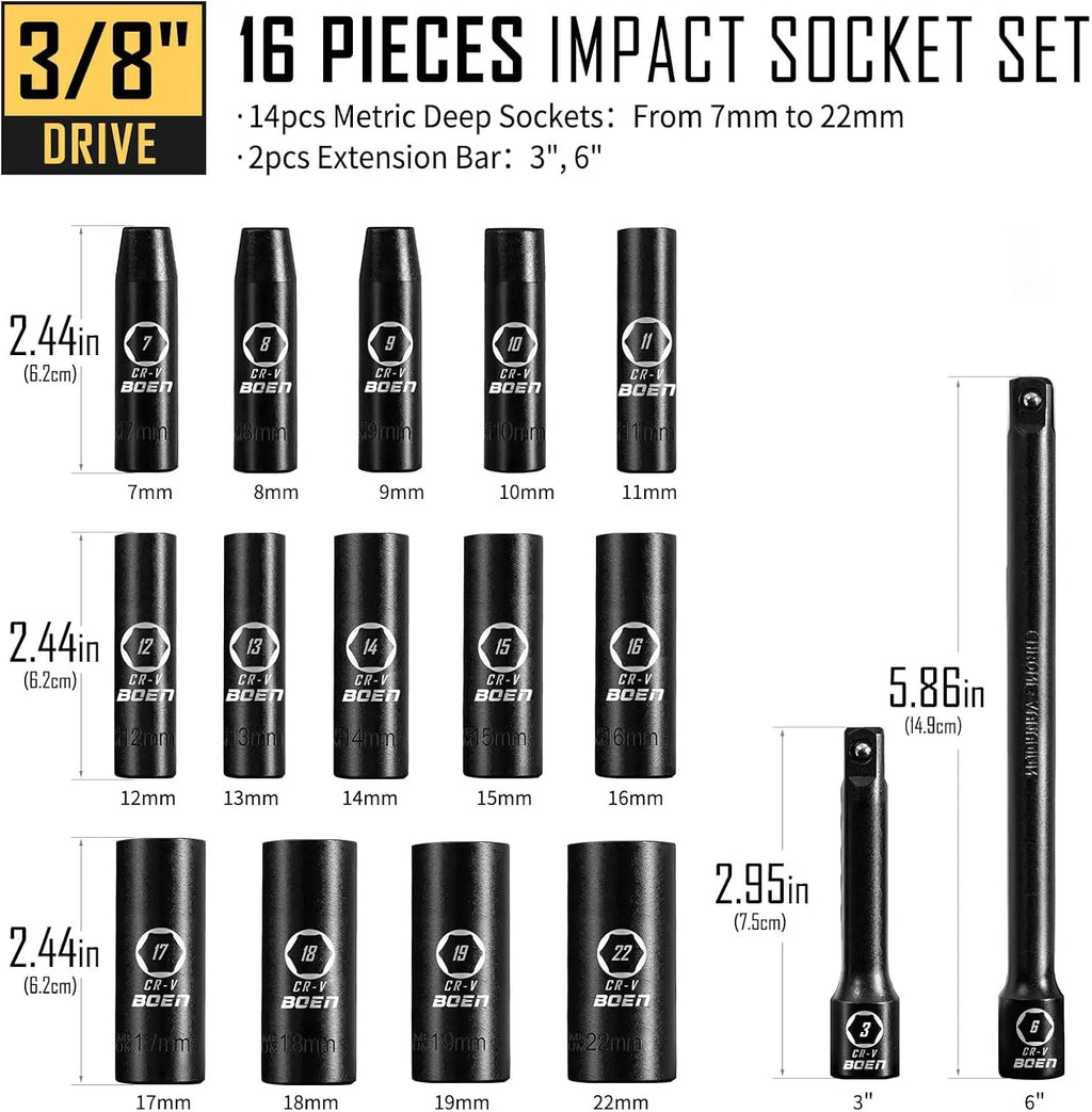 3/8" Drive 16 Piece Metric Socket Set