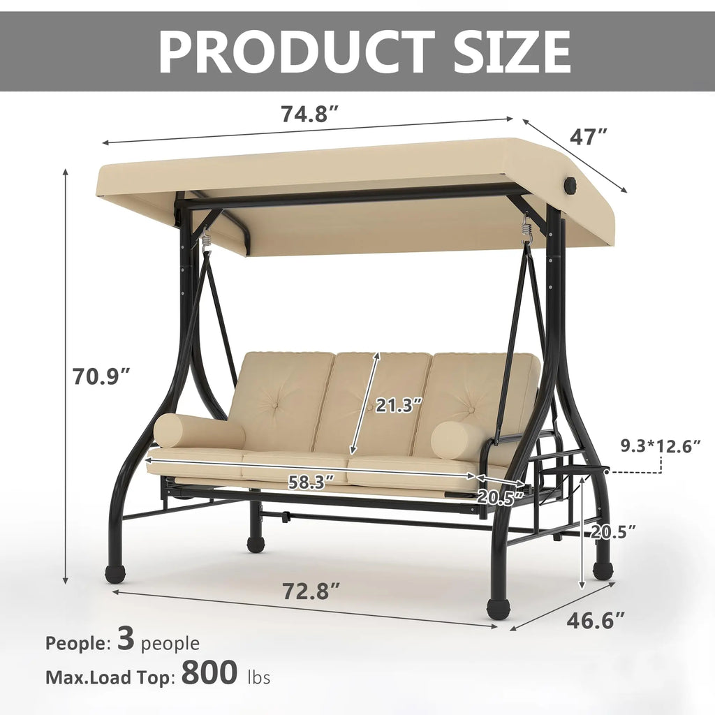 3-Seat Outdoor Porch Swing With Adjustable Canopy
