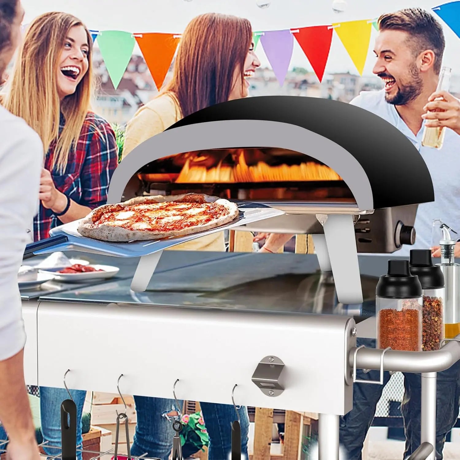 Portable Outdoor Pizza Oven Table with Prep Station, Storage Rack, and Locking Wheels