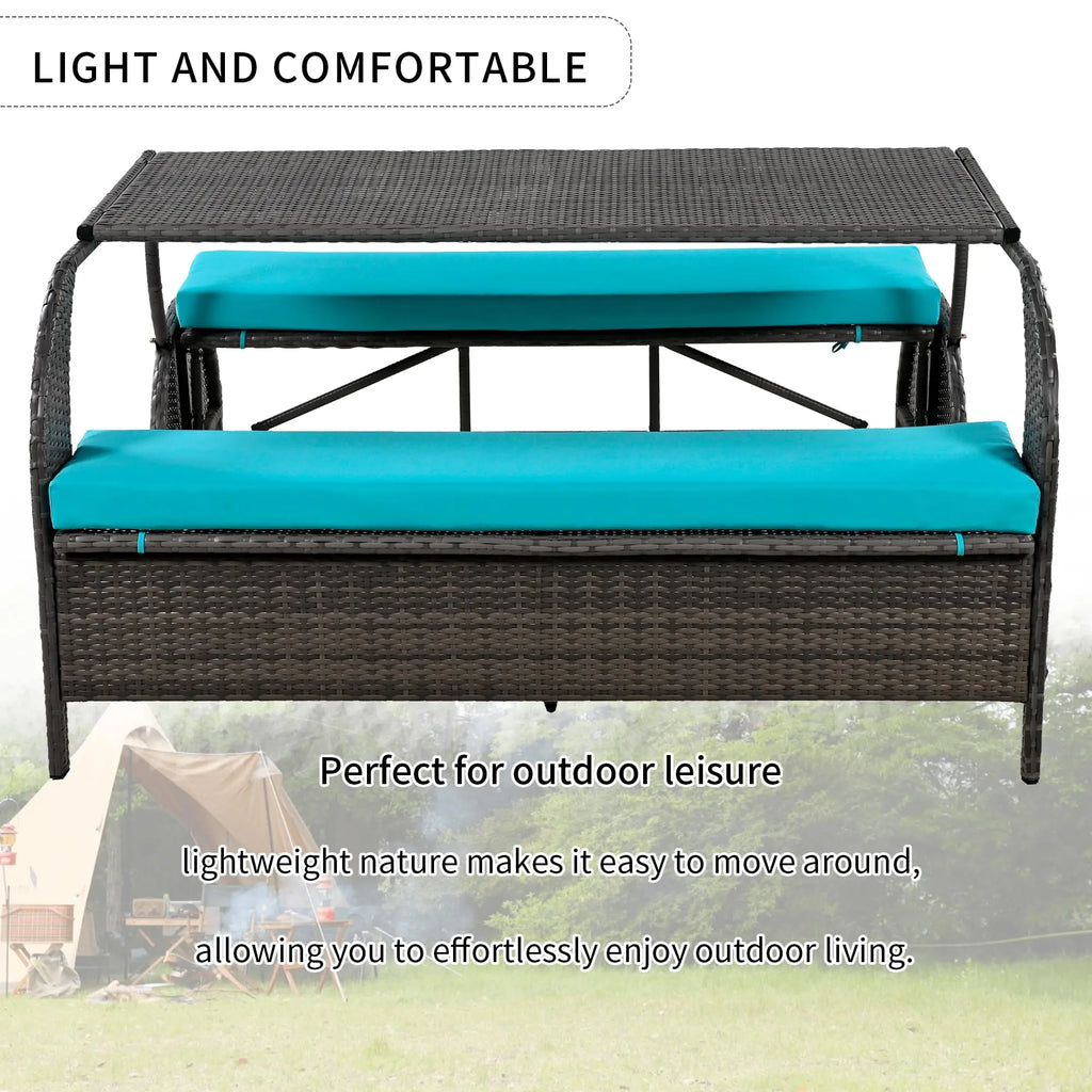 Outdoor Rattan Loveseat Convertible Picnic  Table